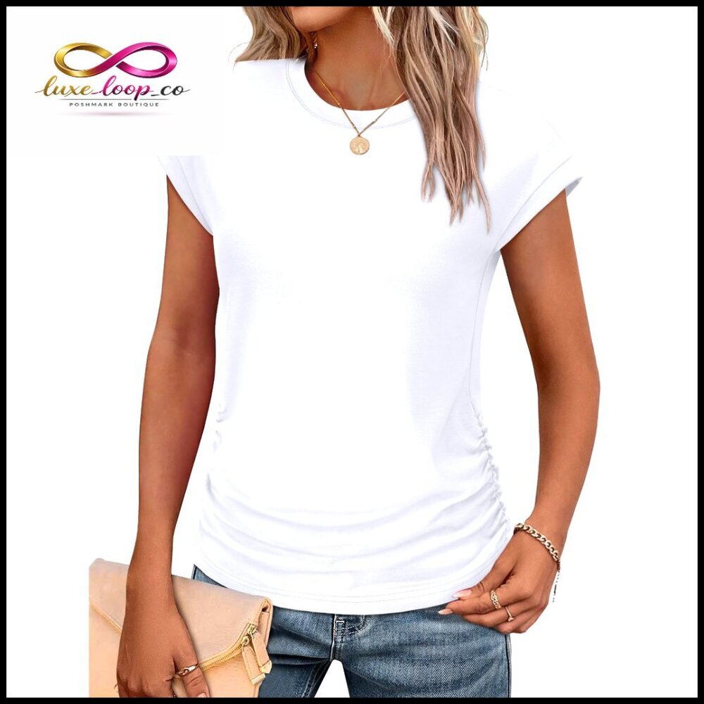 Ruched Cap Sleeve T-Shirt Loose Fit Polyester Blend Summer Top Trendy